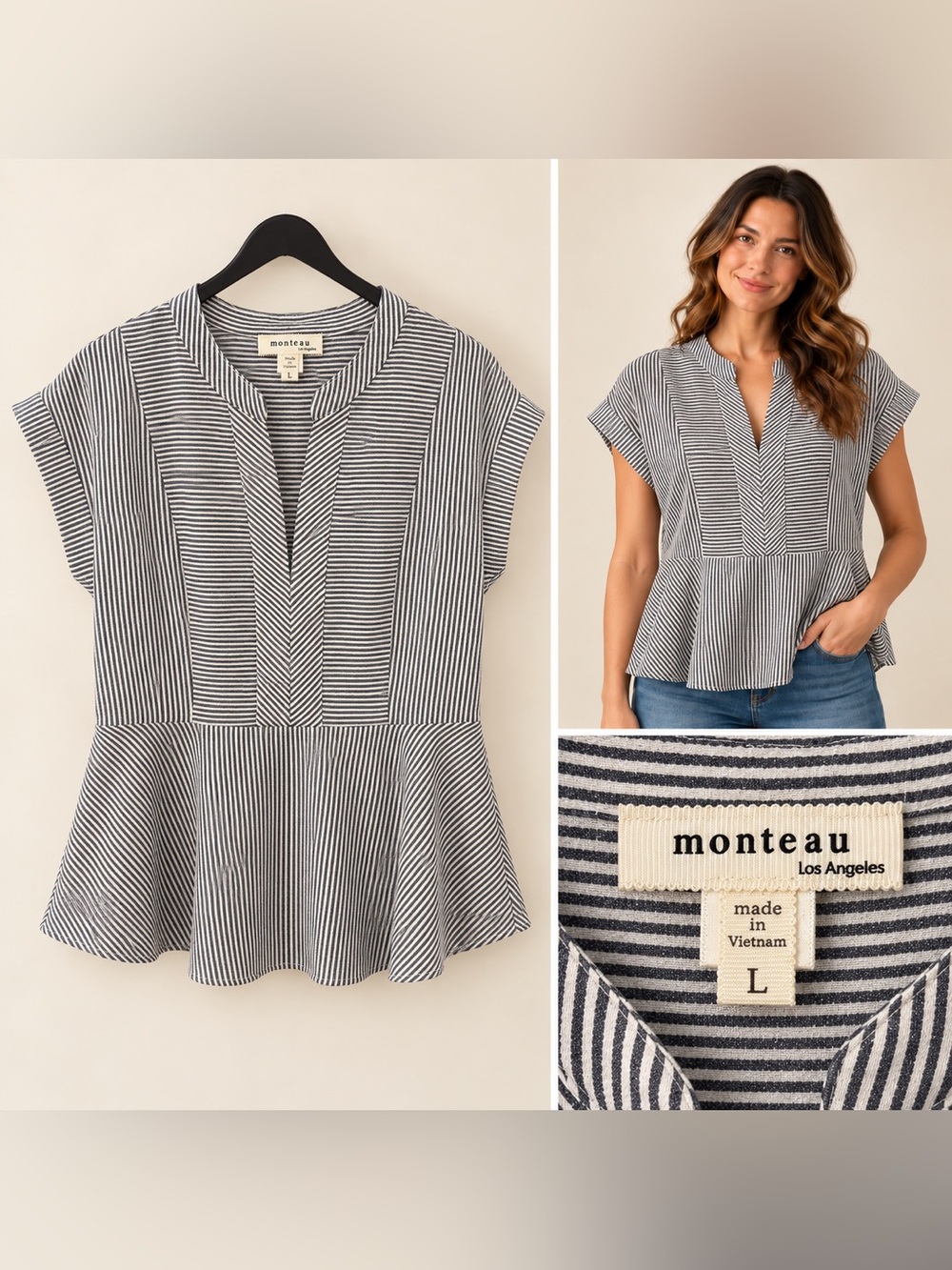 Monteau Black and White Striped Peplum Tunic